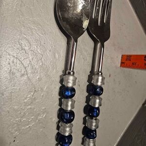 Jumbo Salad Servers Hammered and Beaded with Blue and Clear Glass Art Beads